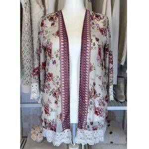 Jolt Womens Sz L Open Front Cream Floral Lace Trim Kimono, Cover Up Blouse #0169